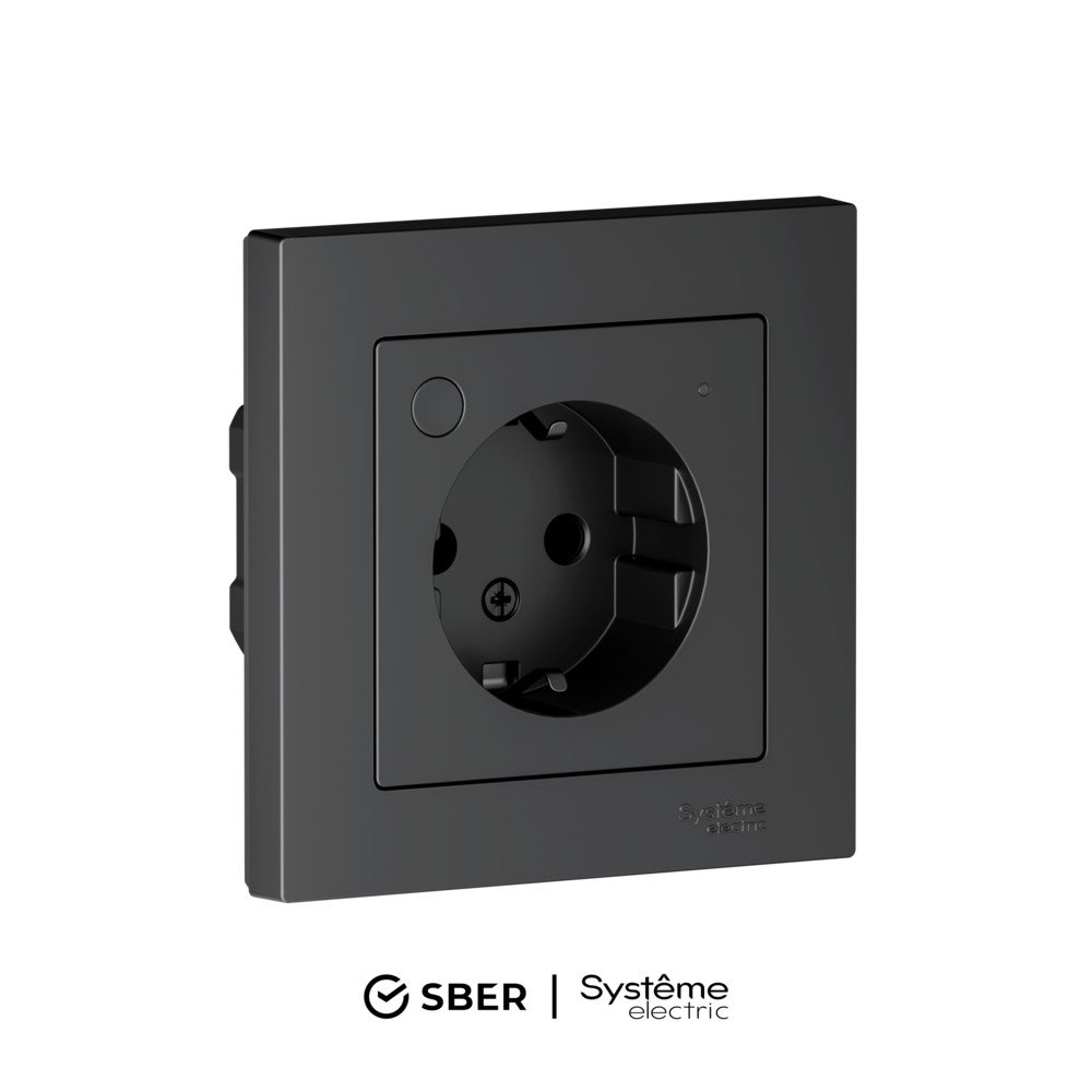 ATLASDESIGN SMART РОЗЕТКА с заземл., со шт., Zigbee, L+N, 16А, мех., КАРБОН
