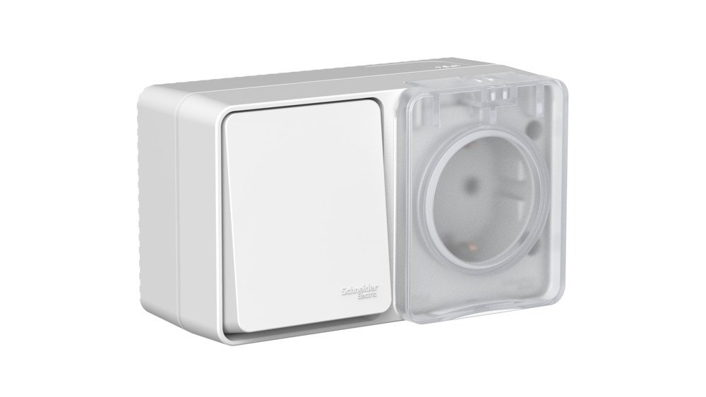 ATLASDESIGN PROFI IP54 О/У БЛОК: РОЗЕТКА с заземл. со шт., 16А, ВЫКЛЮЧАТЕЛЬ 1-клав., 10АХ, СЕРЫЙ