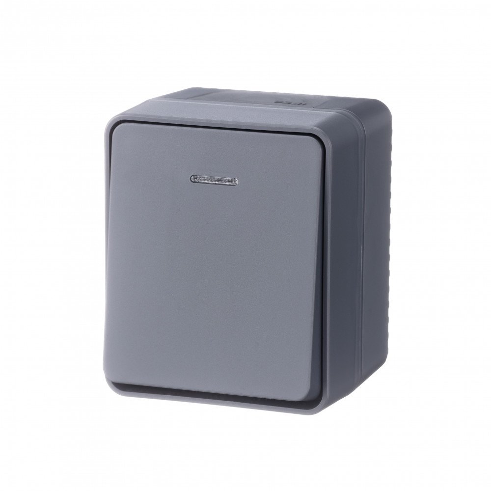 ATLASDESIGN PROFI IP54 О/У 1-клавишный ВЫКЛЮЧАТЕЛЬ с подсветкой, сх.1а, 10АХ, АНТРАЦИТ